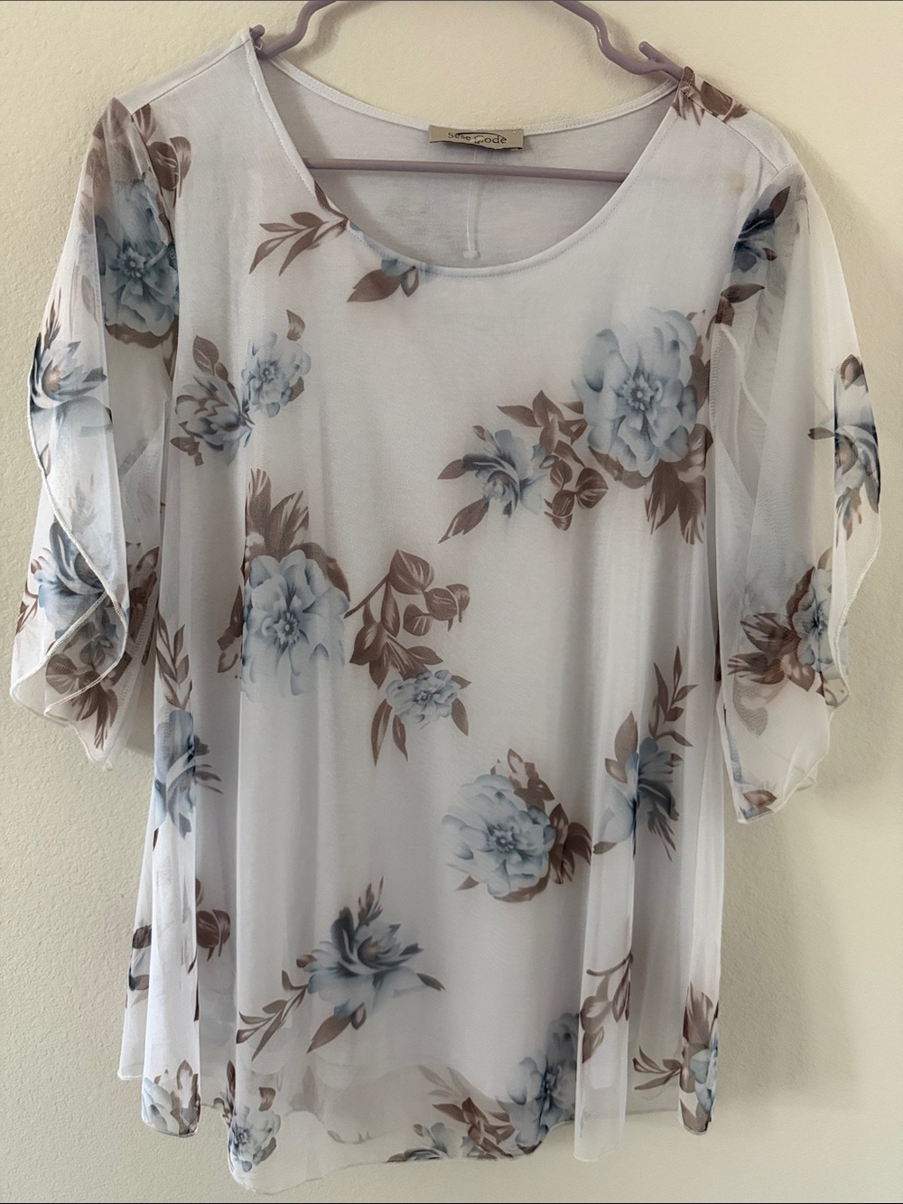 Sheer Floral Mesh Blouse - Blue & Brown - Scoop Neck